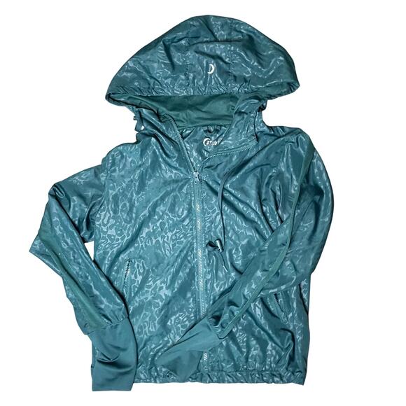 Zyia Active Hoodie Jacket Teal Green Leopard Print Windbreaker - Picture 2 of 5